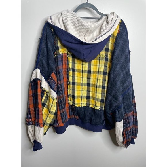 Free People We The Free Patch & Reverse Plaid Hoodie Jacket Slouchy Size L NWT - Picture 7 of 8